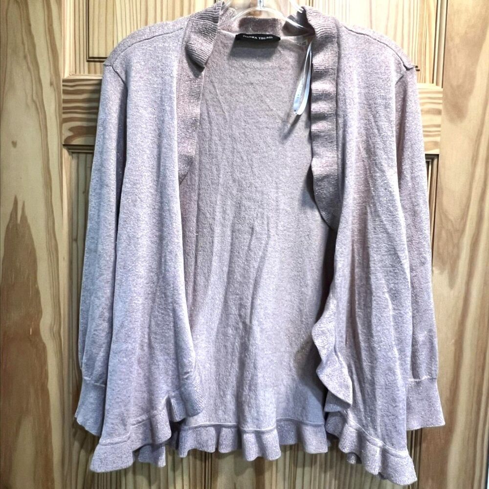 Ivanka Trump Women's Pink Ruffle Open Front Metallic Cardigan Sweater, Size L